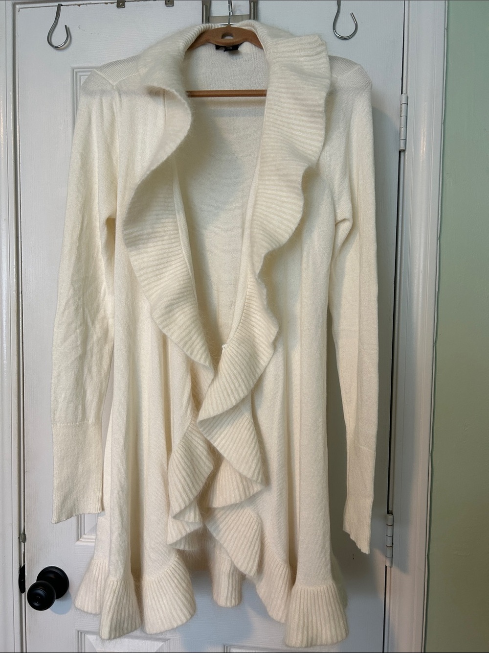 White House Black Market Cream Ruffle-Trim Open Cardigan